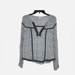 Gap Women Top Embroidered Print Slouchy V Neck Long Sleeve Gray/White Size